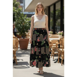 Vintage Patchwork Maxi Skirt Black Floral Gypsy Hippy Boho Size Large